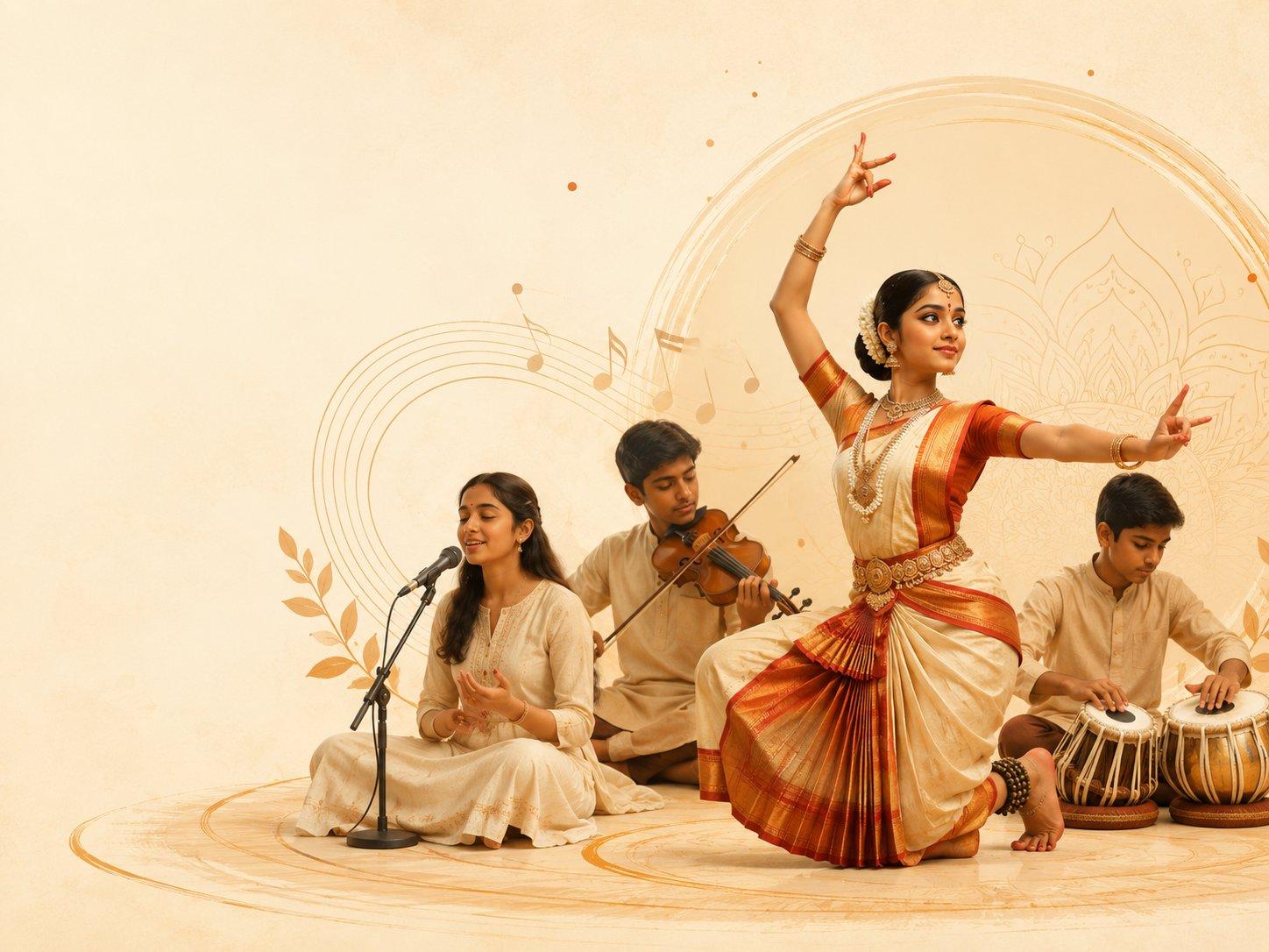 Students performing Carnatic vocal, violin, Bharatanatyam dance, and mridangam at a MyRaaga school